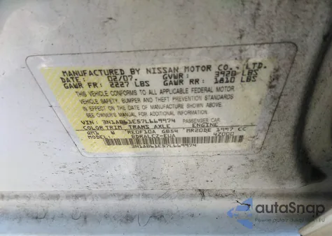 2007 Nissan Sentra 2.0 from USA, damaged, VIN 3N1AB61E57L669974